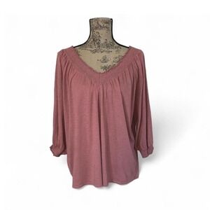 Maurices Rose Pink Smocked V-Neck Peasant Blouse 3/4 Sleeve Boho Flowy XXL